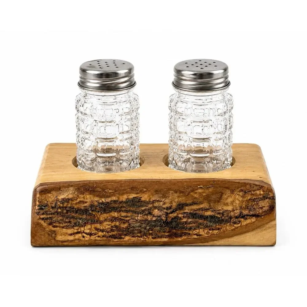 Rustic Wood Salt & Pepper Shaker Holder Set Live Edge Bark Glass Shakers Handmad